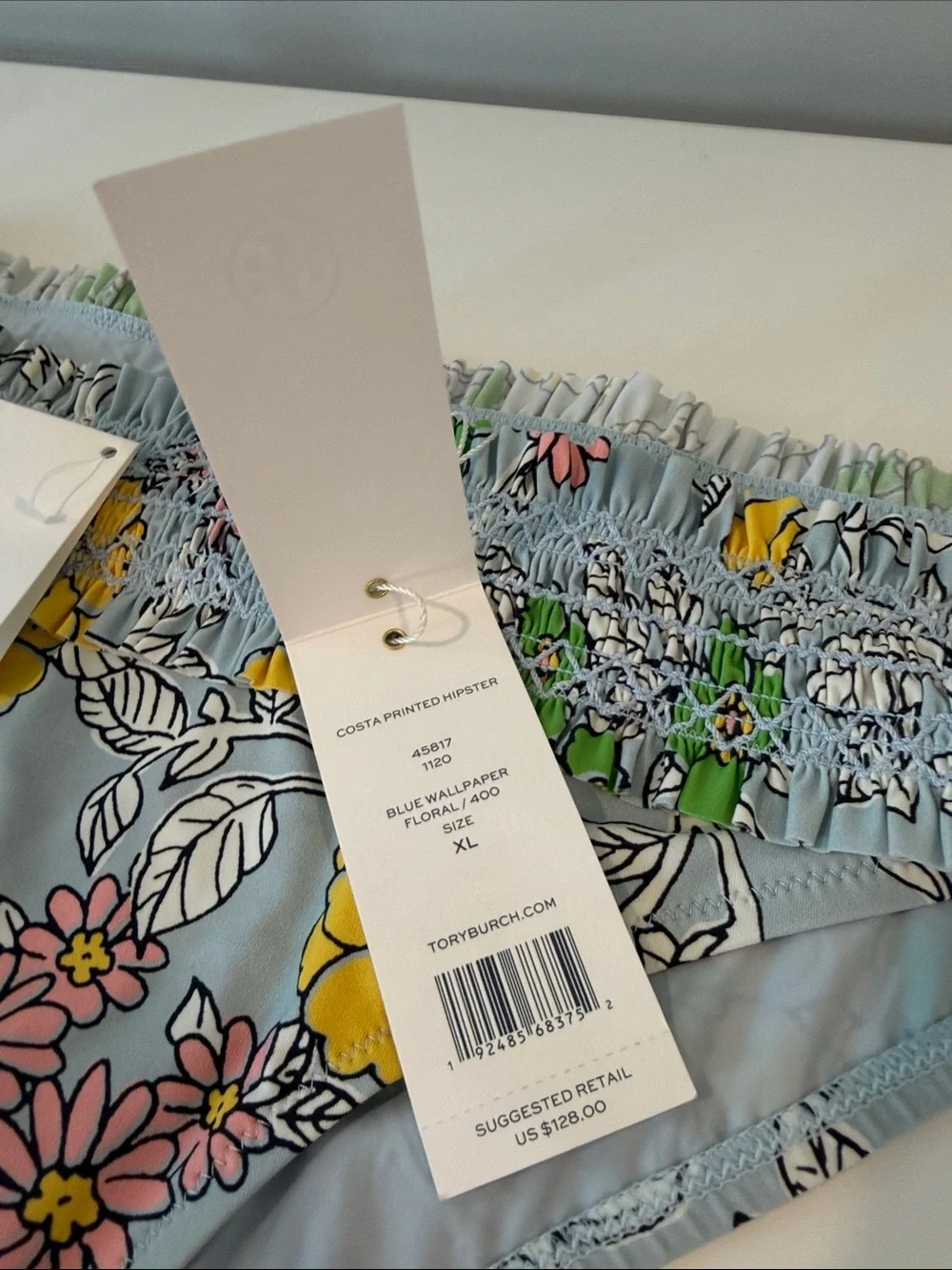 Tory Burch Light Blue Costa Floral Smocked Hipster Bikini Bottom